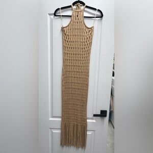 Cult Gaia Rubi Knit Halter Dress with Fringes in Camel, Size L NWT NEVER WORN
